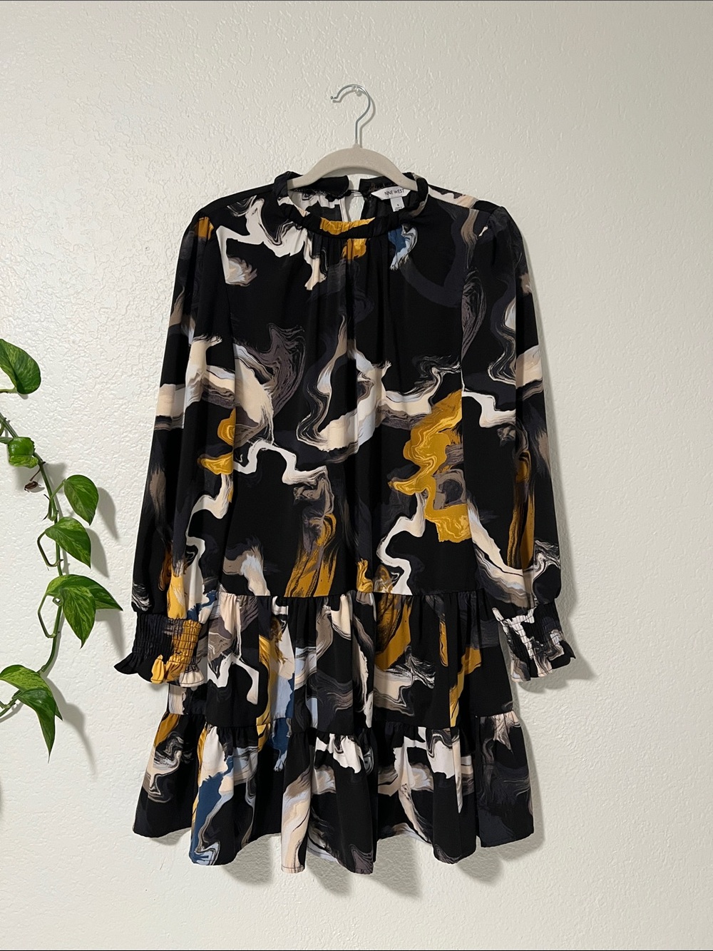 Abstract Swirl Tiered Long-Sleeve Mini Dress in Black